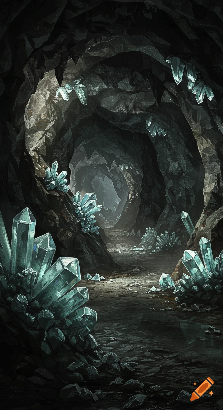 A dark, deep mine cave illuminated by many glowing blue crystals along the walls and floor.