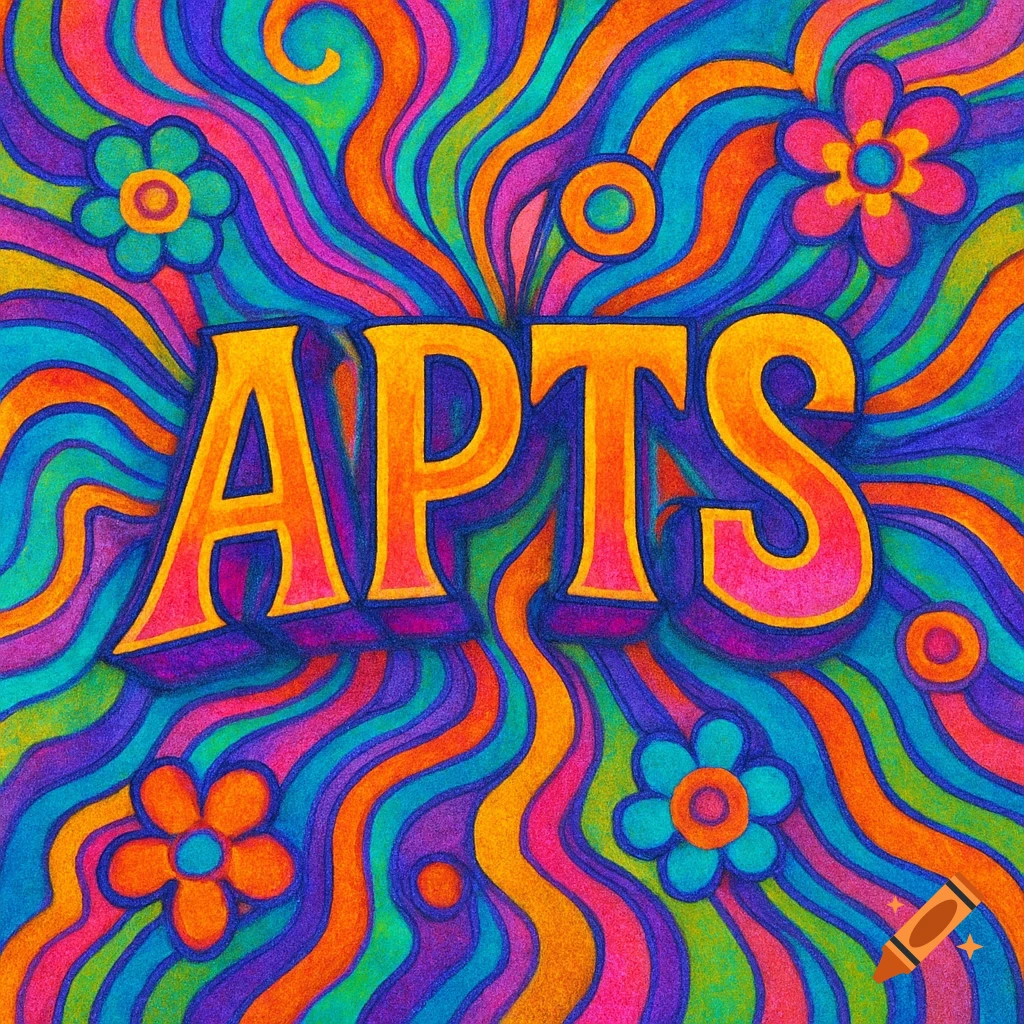 A psychedelic illustration with the word "APTS" in orange and pink, surrounded by wavy, colorful lines in blue, purple, green, and orange, with scattered flowers.