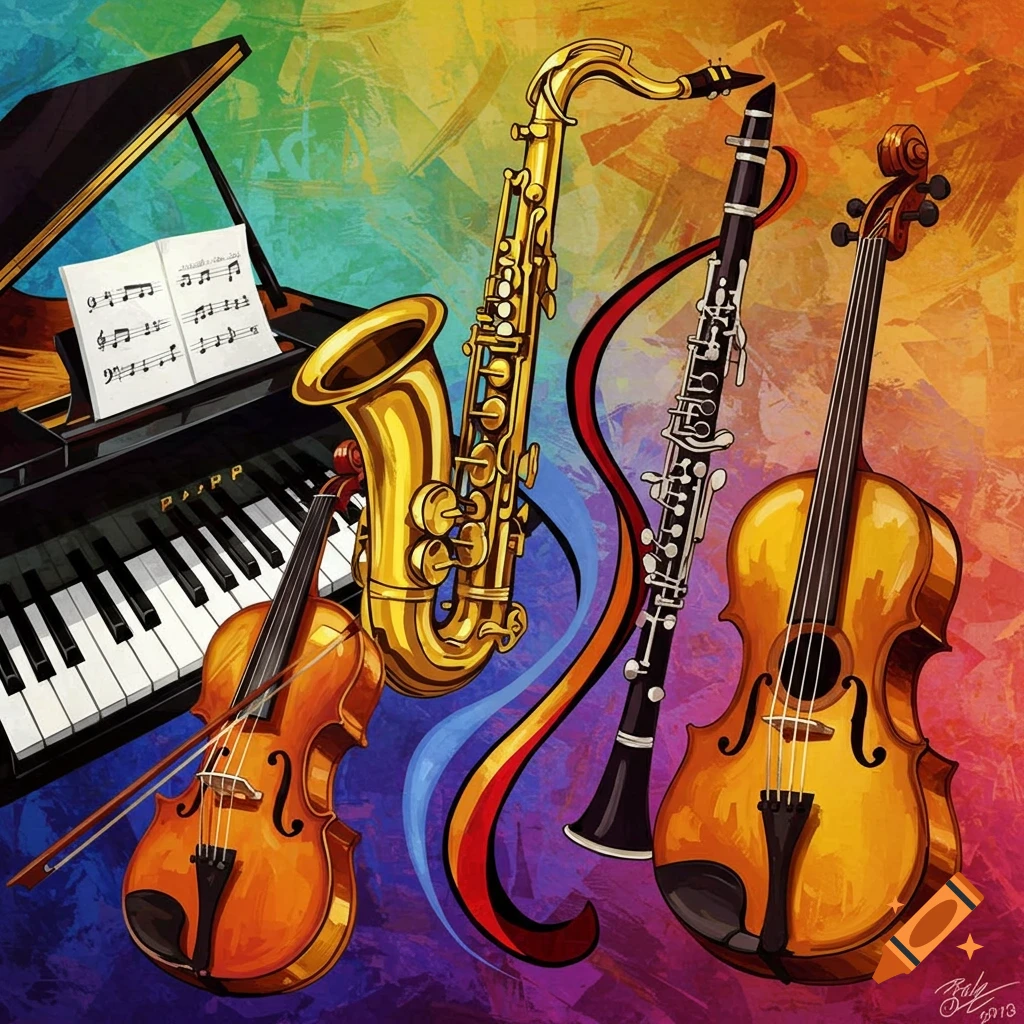 An abstract, colorful illustration featuring a piano, saxophone, clarinet, and two violins amidst flowing ribbons.