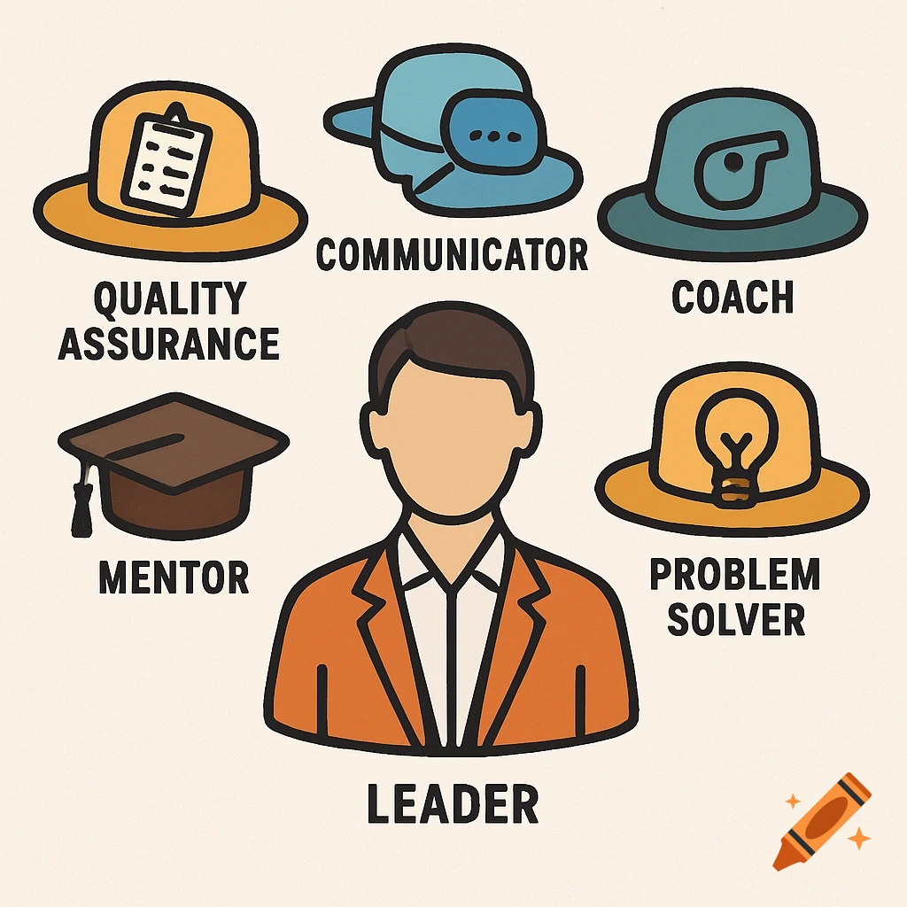 Cartoon illustration of a leader surrounded by hats representing roles like quality assurance, communicator, coach, problem solver, and mentor.