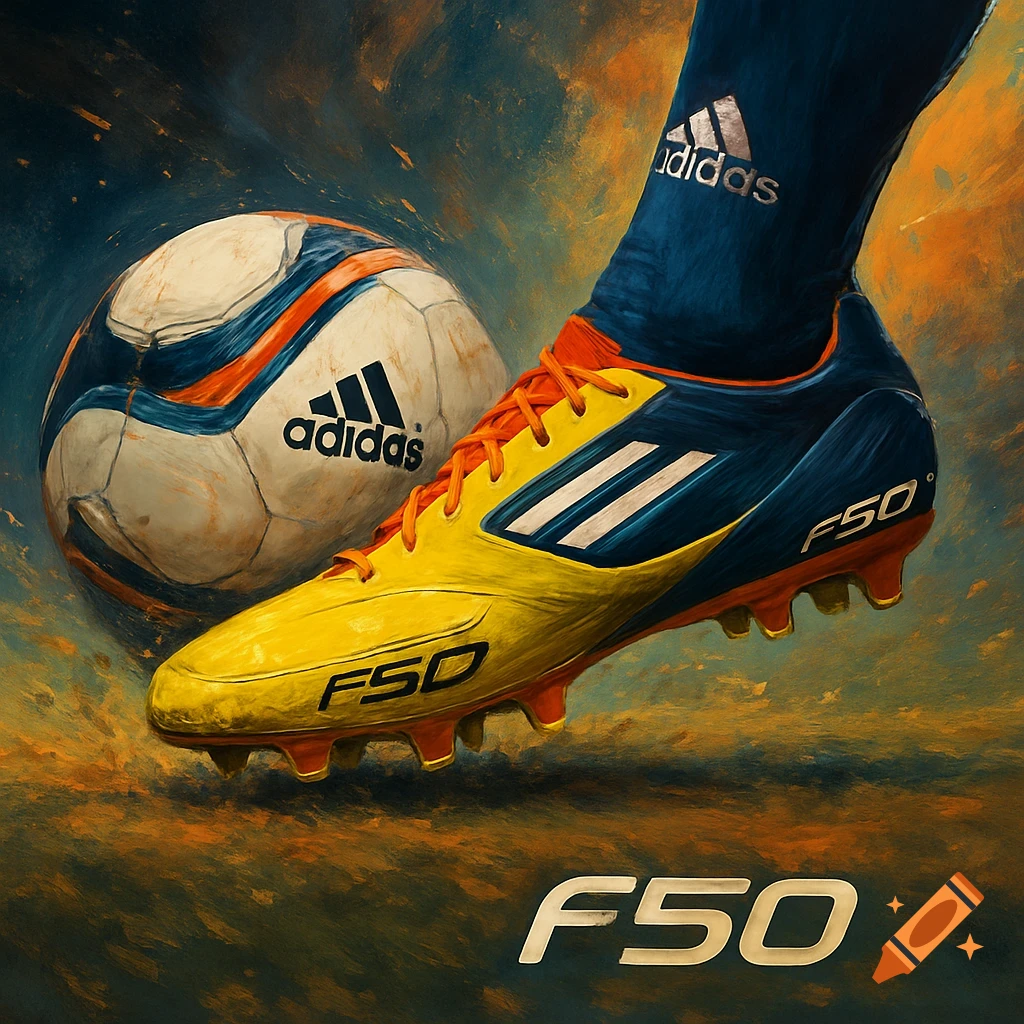 Close-up of a yellow and blue Adidas F50 soccer cleat and leg striking an Adidas soccer ball, rendered in a painterly style with F50 branding.