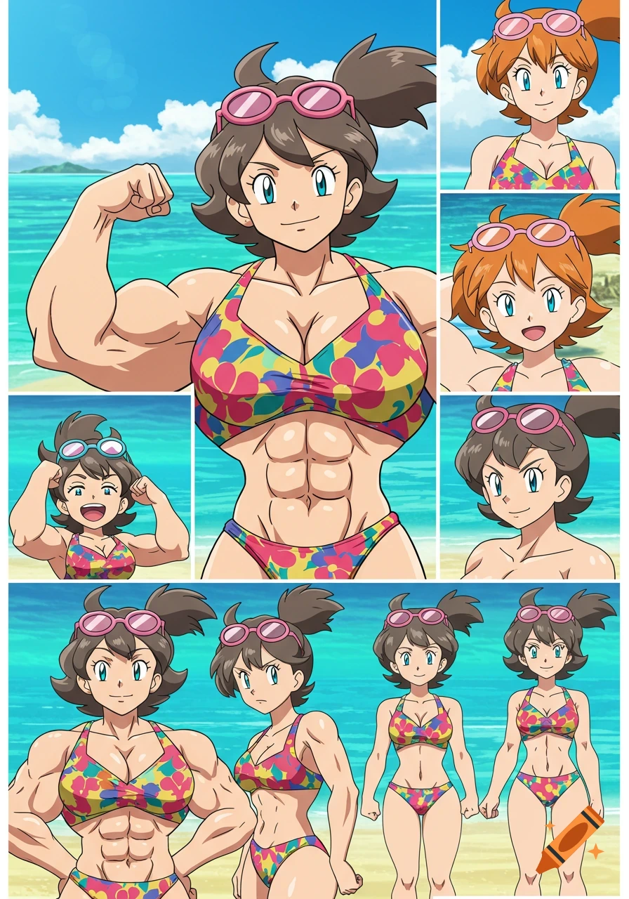 An anime model sheet of a female character with brown hair and pink sunglasses wearing a floral bikini, flexing her muscular arms and abs at a beach.