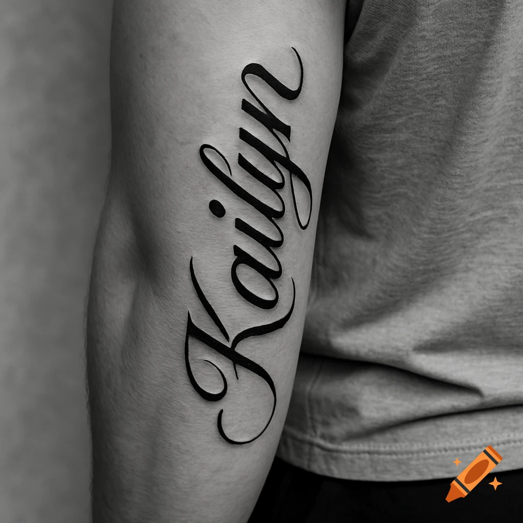 A black and white image of the name 'Kailyn' tattooed in elegant cursive script on a person's tricep.