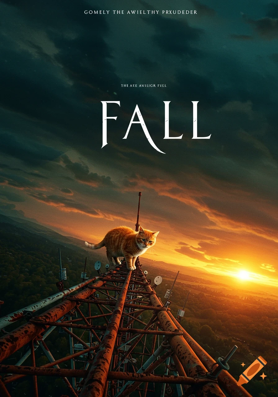A movie poster for 'FALL' featuring an orange cat perched precariously on top of a tall antenna tower against a dramatic sunset sky.