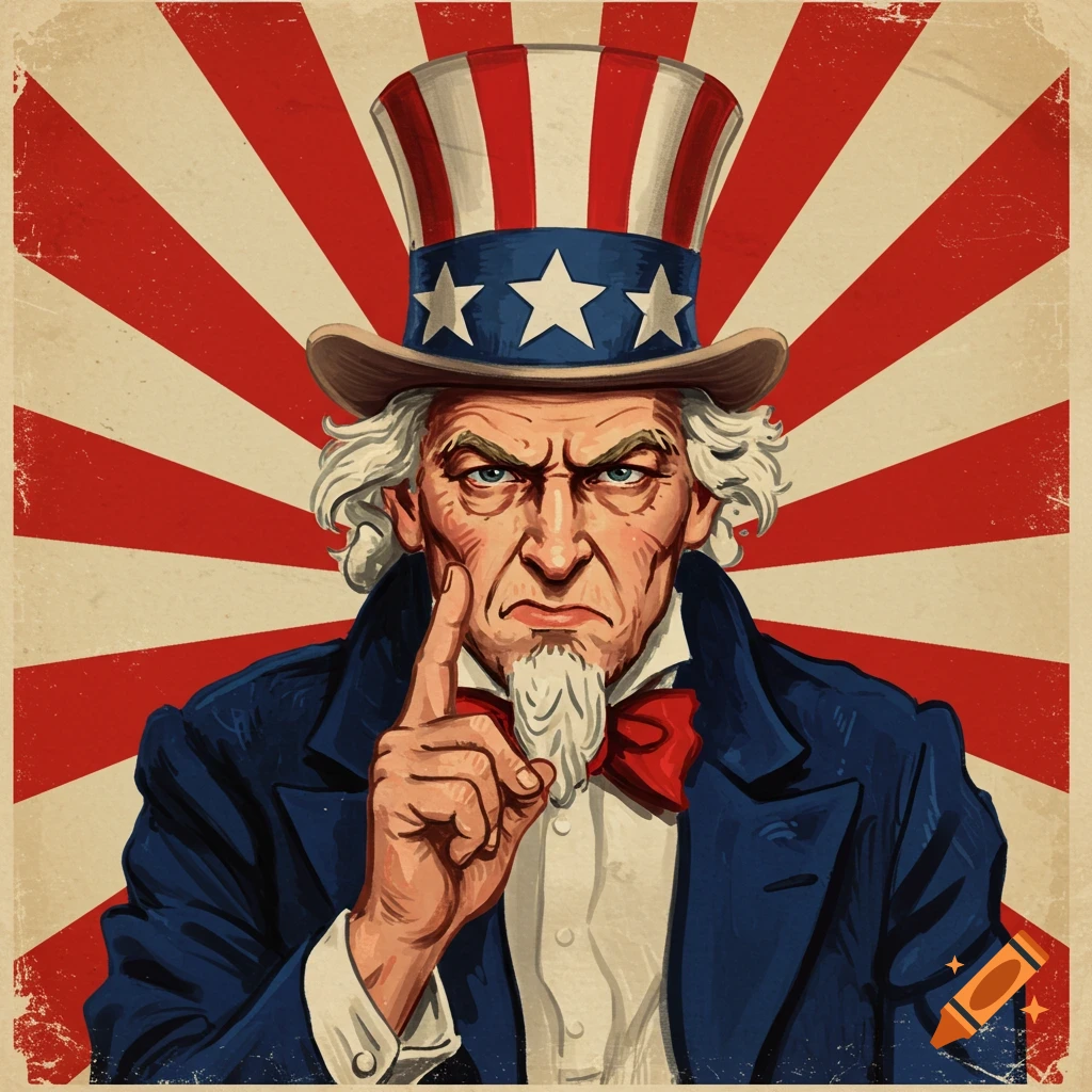 A vintage style illustration of Uncle Sam, pointing his finger with a stern expression, against a red and white starburst background.
