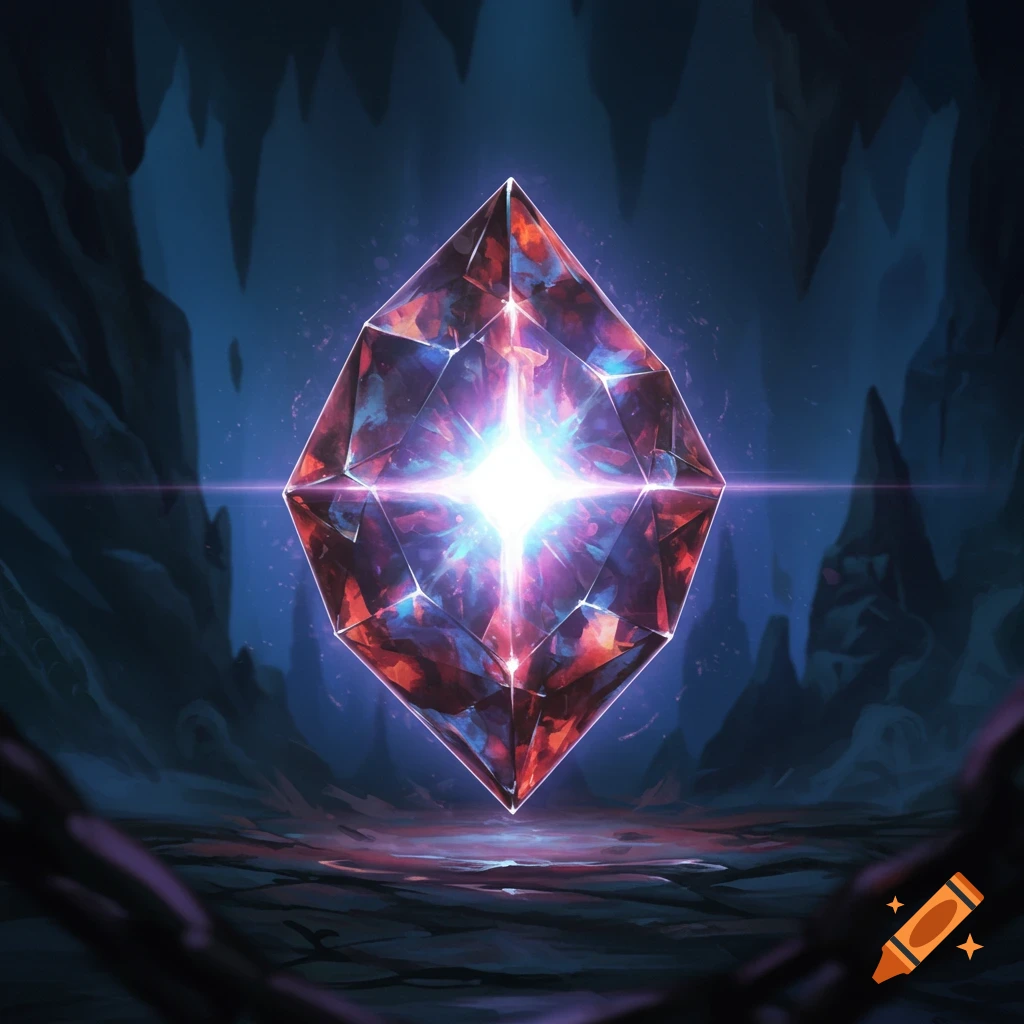 A vibrant, faceted gem glowing brightly in a dark, cavernous setting.