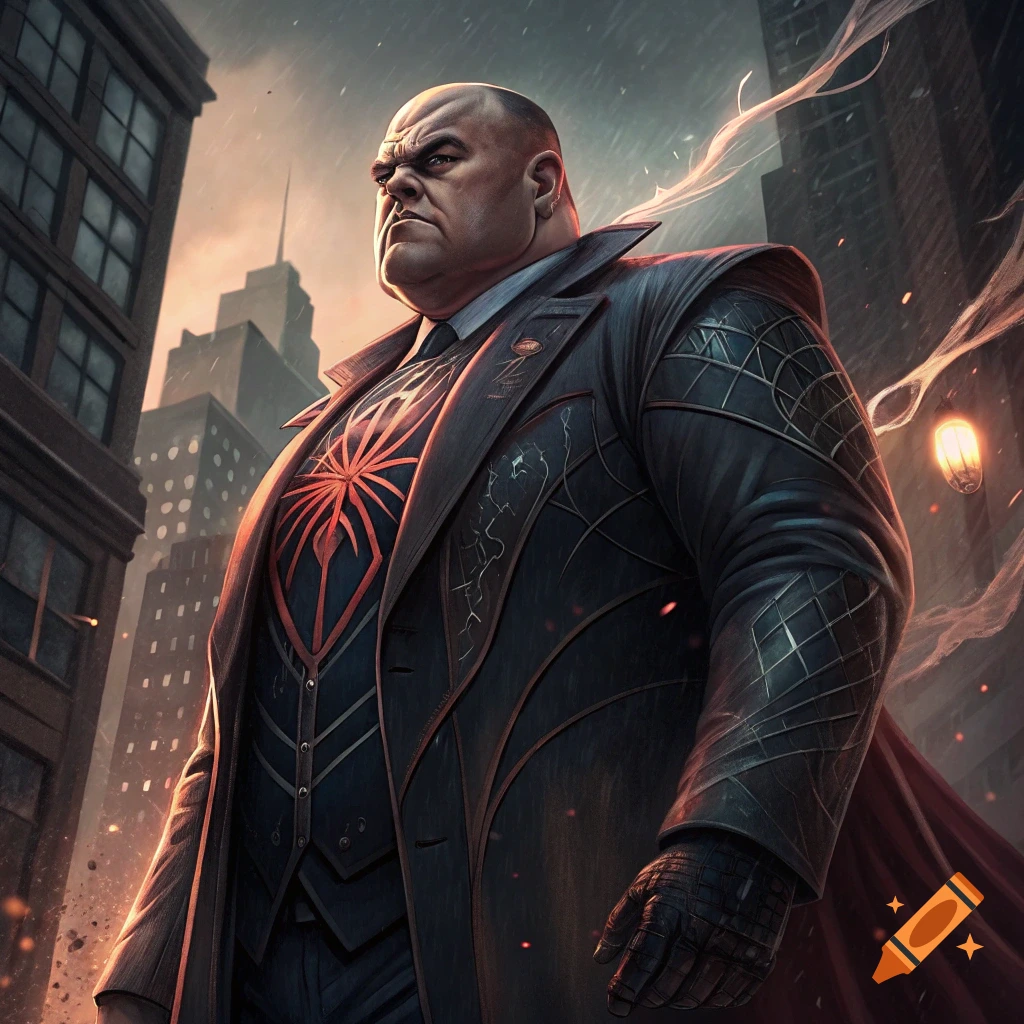 A menacing, bald Kingpin-like character in a dark suit with a red spider emblem, standing in a rainy city street.