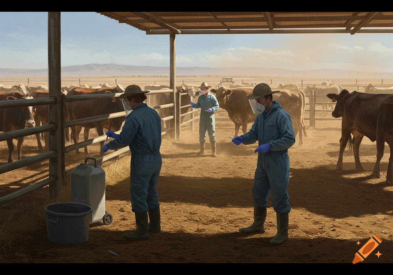 People in protective suits and masks vaccinating cattle in a dusty outdoor corral under a sunny sky.