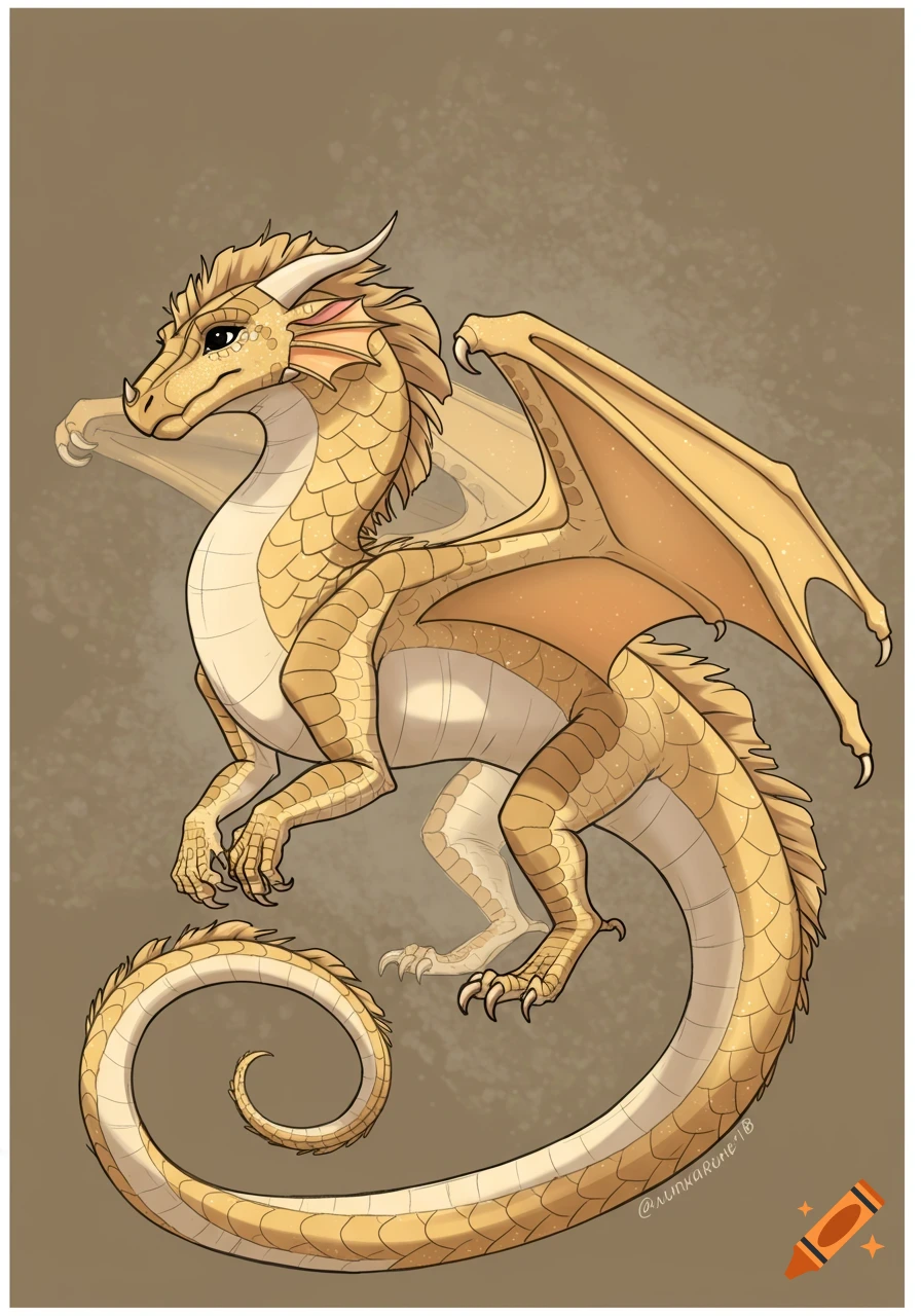 A detailed cartoon illustration of a pale gold dragon with frills and a barbed tail, standing on a speckled brown background.