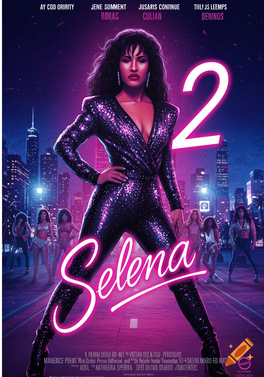 A vibrant movie poster for 'Selena 2' with a woman in a sparkly purple jumpsuit standing heroically in front of a neon-lit city skyline, with other figures in the background.