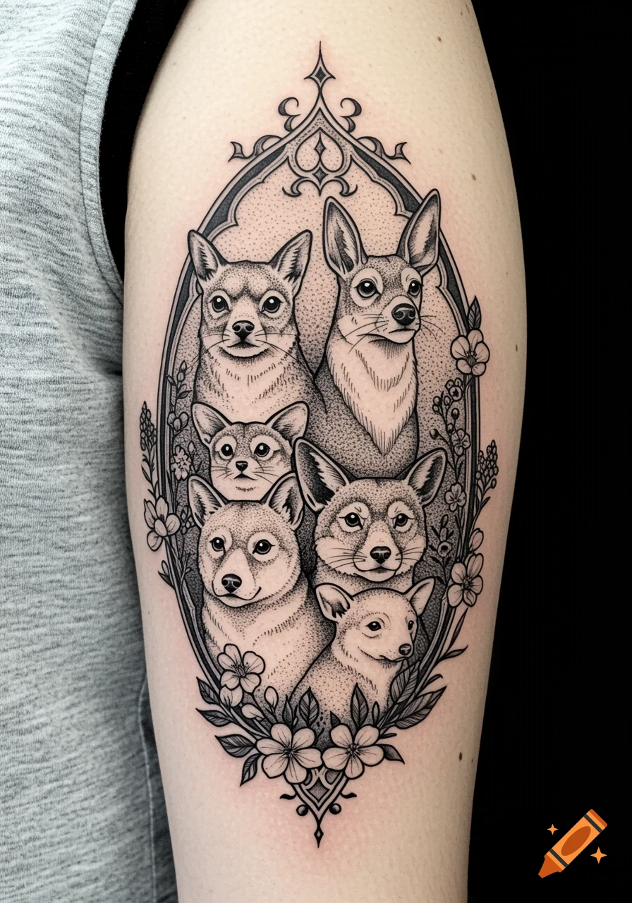 Black and gray tattoo on an arm featuring multiple dog-like animals in an ornate oval frame with flowers and gothic details.