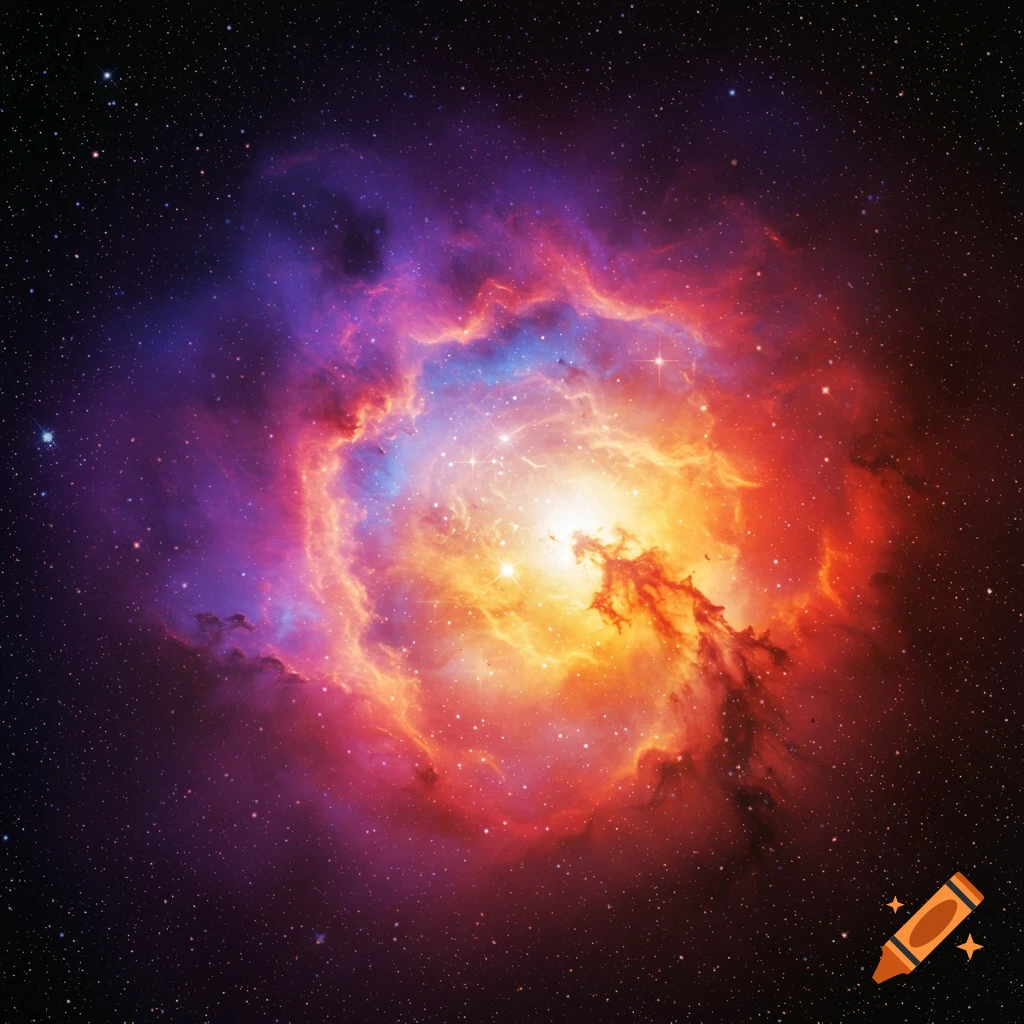 A vibrant nebula glowing with orange, red, purple, and blue hues amidst a field of stars in deep space.
