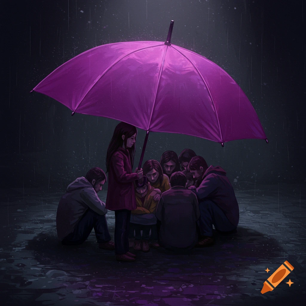 Illustration of people huddled under a large purple umbrella in the rain, looking down.