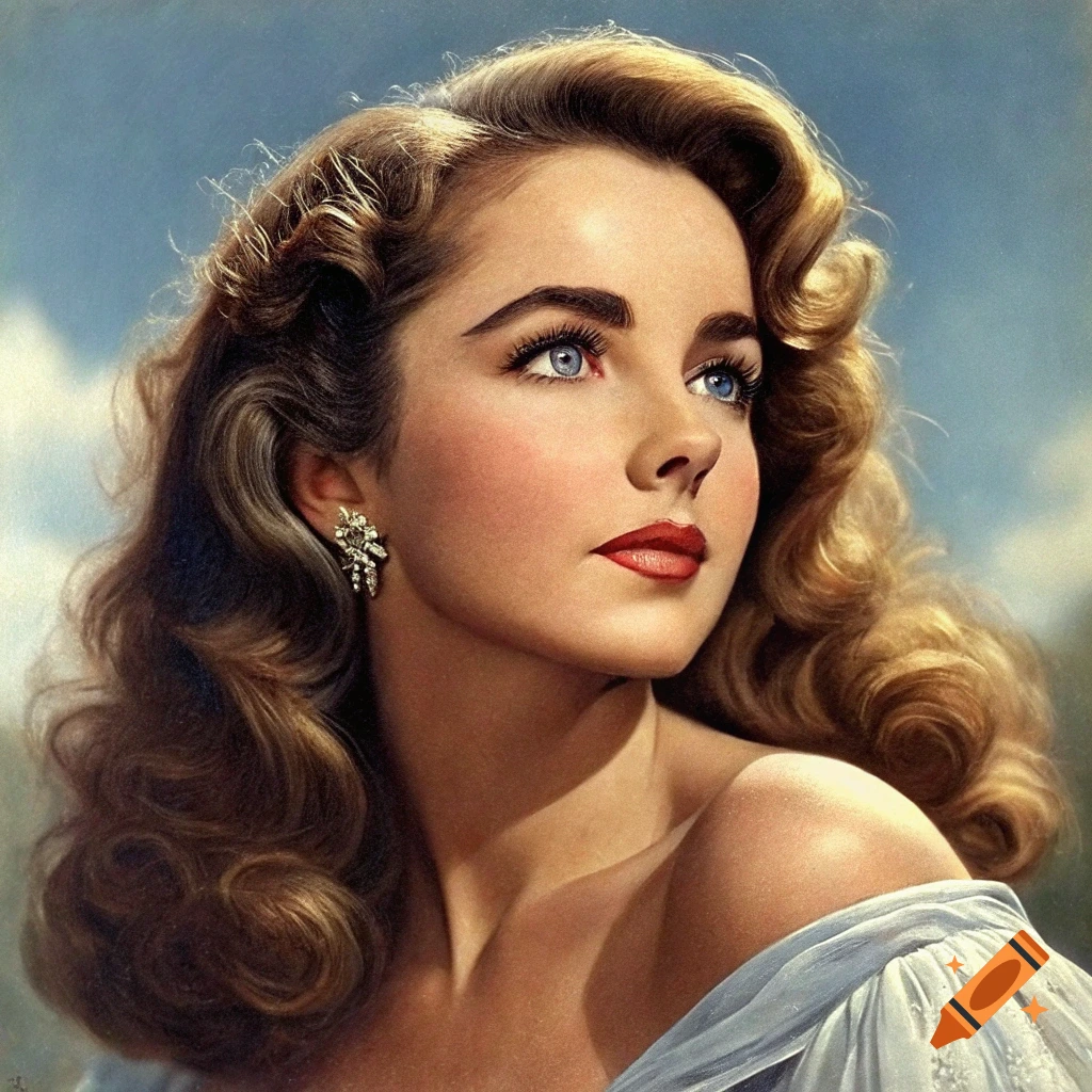 A photorealistic portrait of a young woman with blue eyes, wavy brown hair, and red lipstick, resembling Elizabeth Taylor, looking upwards.