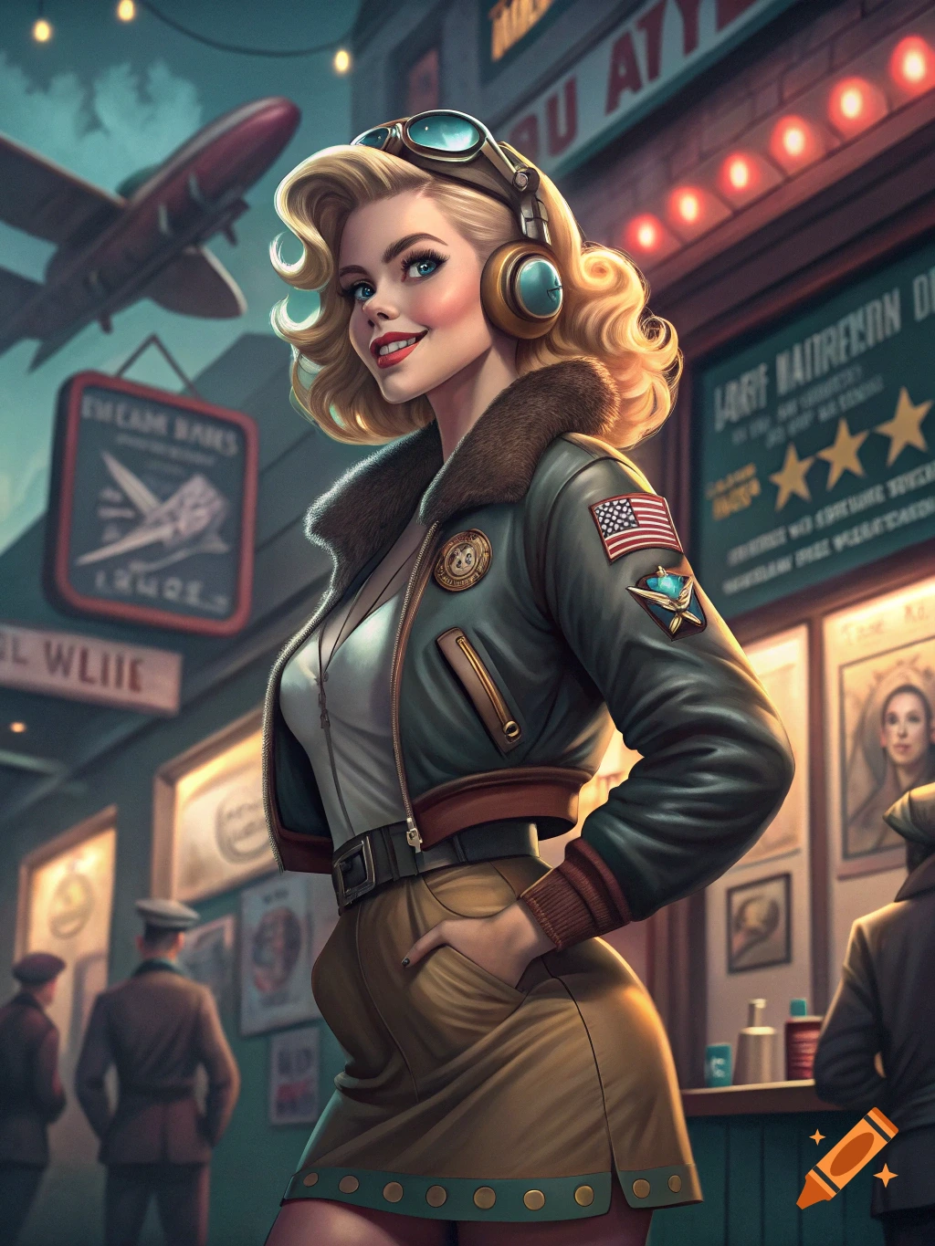 A smiling blonde woman in a bomber jacket and aviator goggles poses like a pin-up in a retro setting with an airplane in the background.