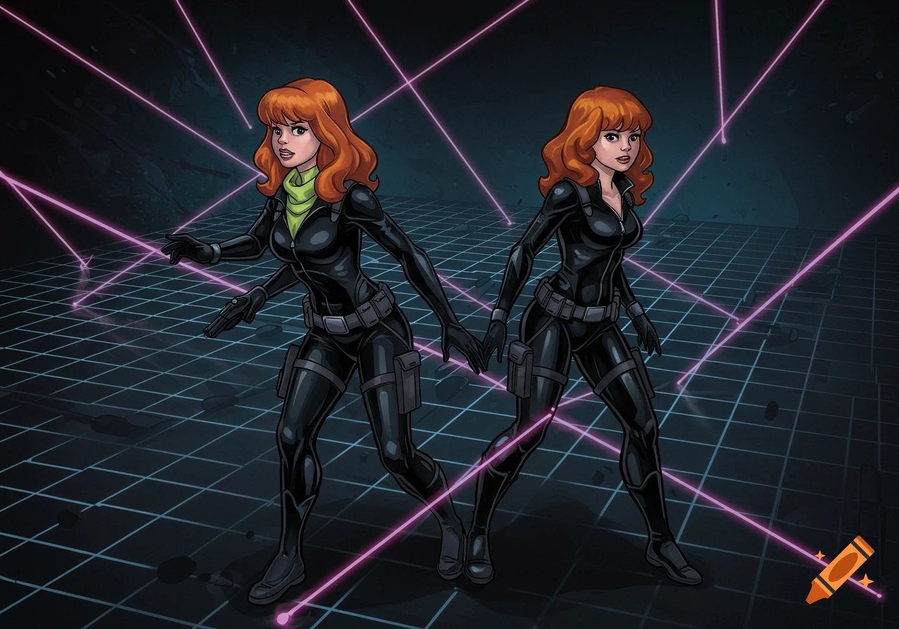 Two red-haired women in black spy jumpsuits navigate a purple laser grid in a dark, grid-patterned room in a comic art style.