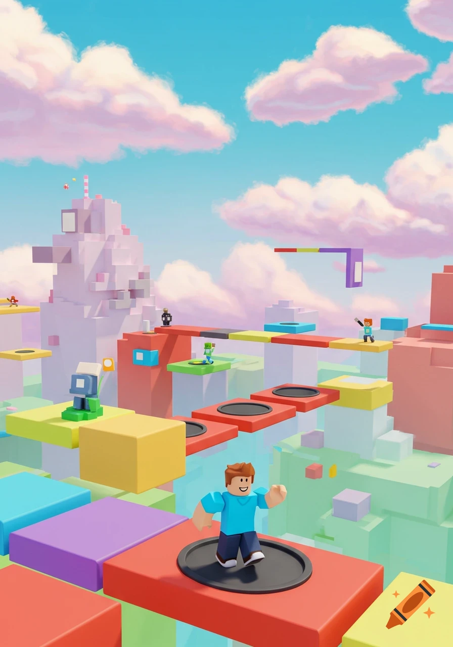 A blocky Roblox character on a colorful obstacle course with other characters and fluffy pink clouds in the sky.