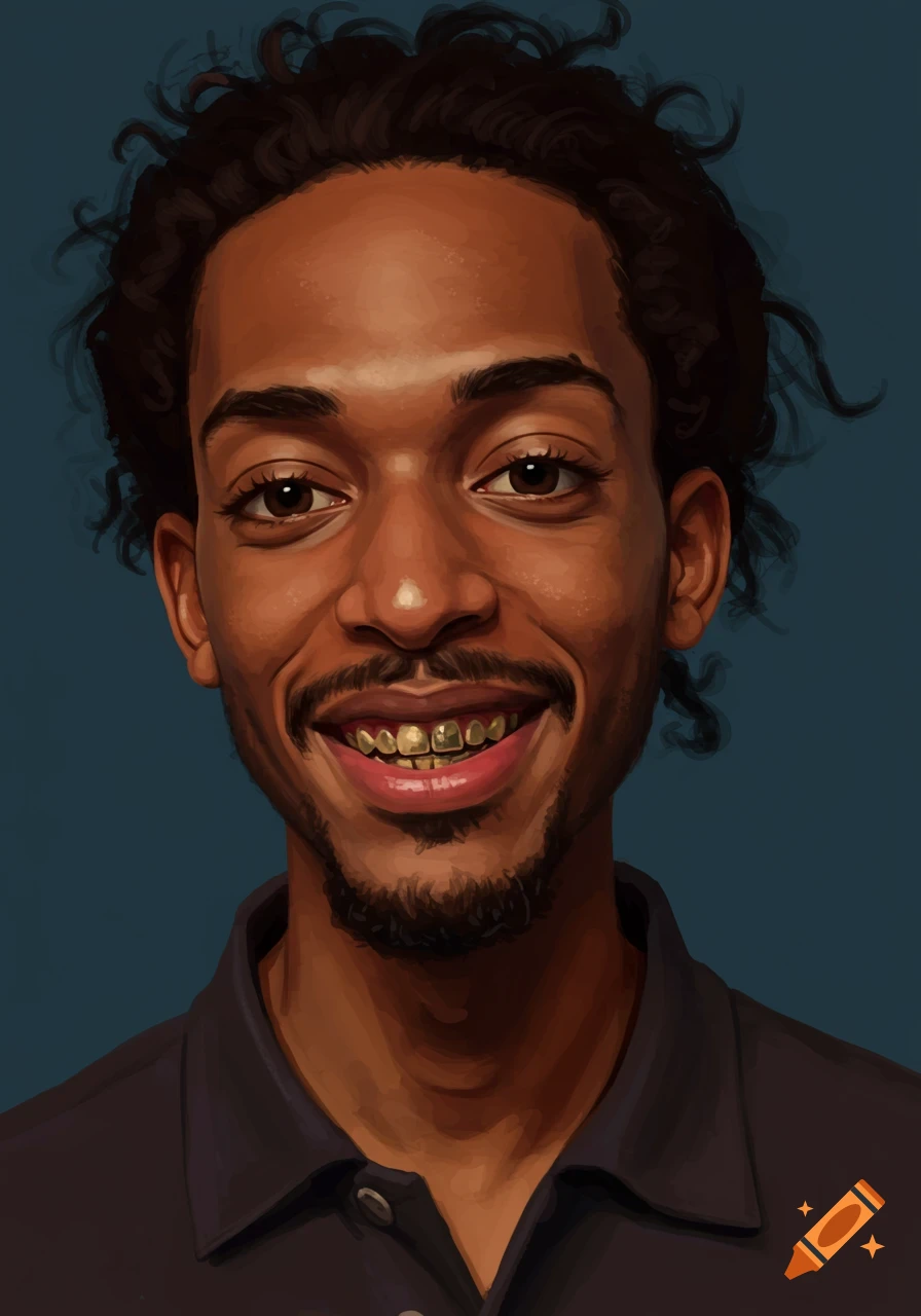 Close-up digital painting of a smiling man with dark curly hair, a ...