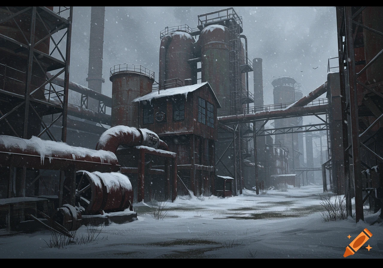 A desolate, snow-covered abandoned industrial complex with rusted structures, pipes, and smokestacks under a grey sky, in a digital painting style.