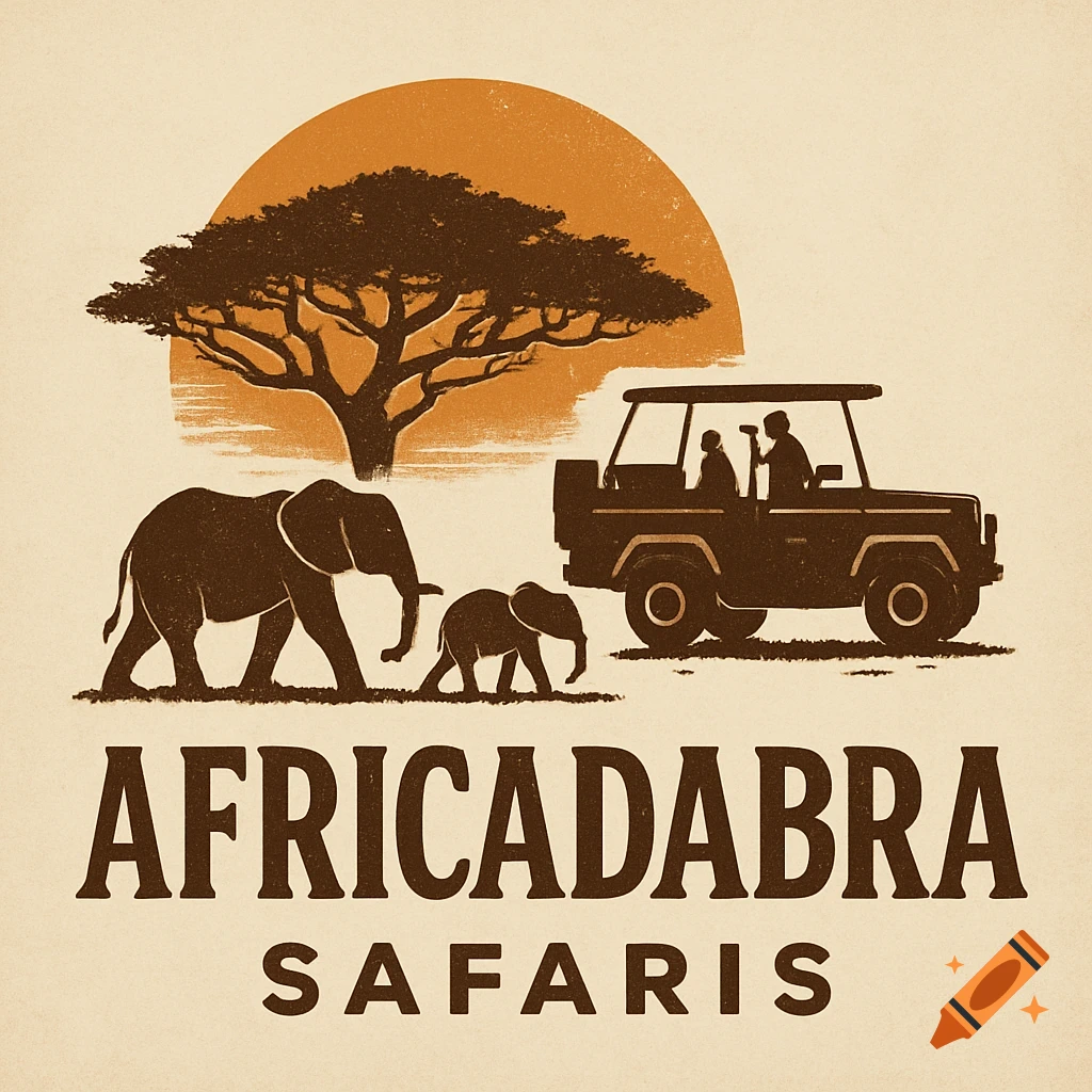 Vintage-style illustration of a safari scene with elephants, a jeep, an acacia tree, and text 'Africadabra Safaris'.