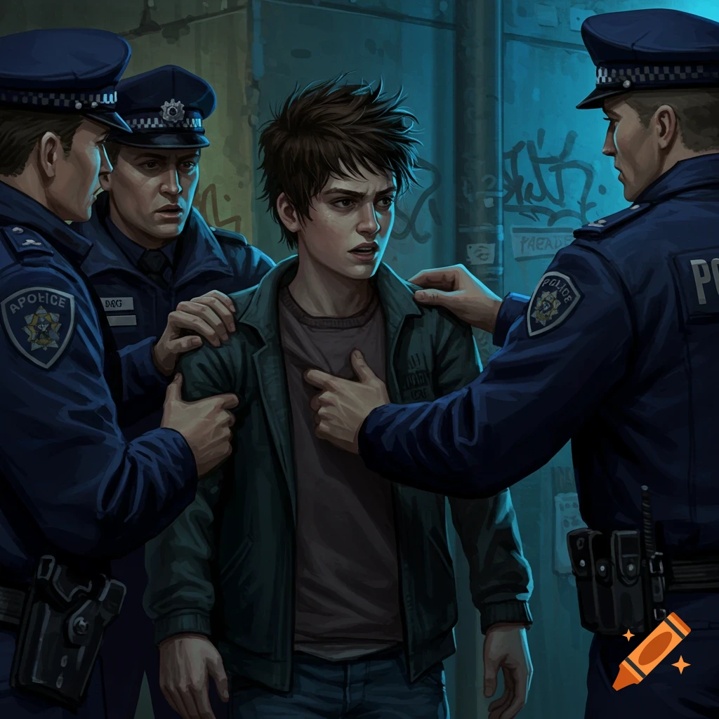 An illustrated image of a young man being apprehended by three police officers in a dark alley with graffiti.