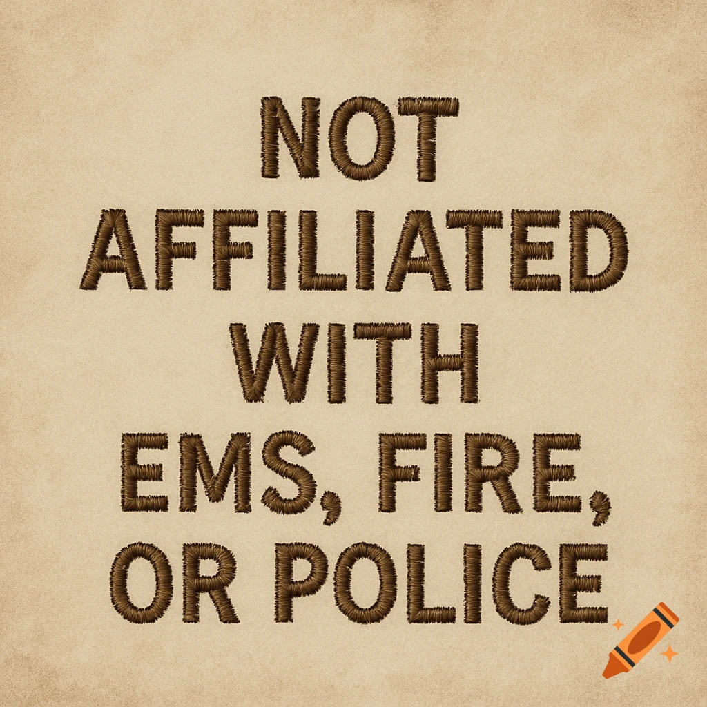 Brown embroidered text on a beige background reads 'NOT AFFILIATED WITH EMS, FIRE, OR POLICE'.