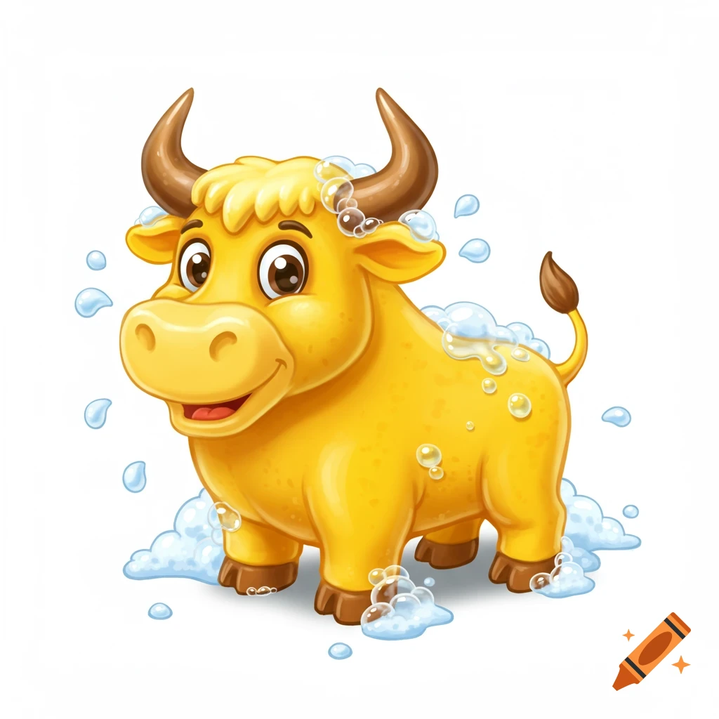 A cute yellow cartoon bull covered in white soap bubbles with water droplets around it, smiling on a white background.