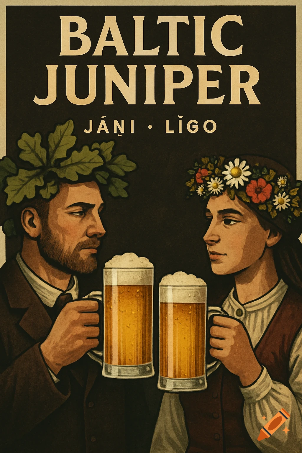Vintage-style poster of a man in an oak crown and a woman in a flower crown holding beer mugs. Text reads 'BALTIC JUNIPER' and 'J NI L GO'.