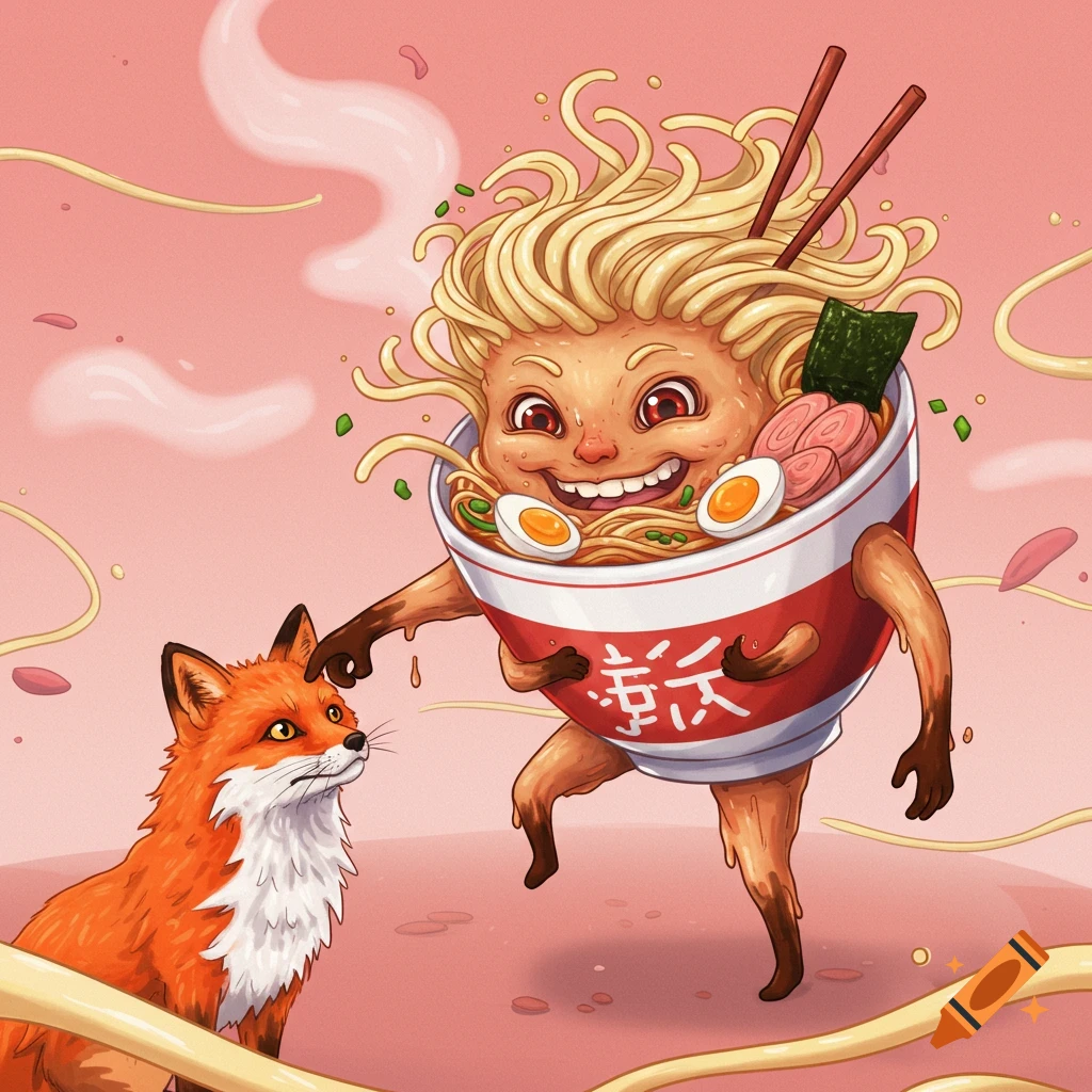 A cheerful anthropomorphic ramen bowl creature with noodle hair and chopsticks interacts with a fox in a vibrant, cartoonish style.