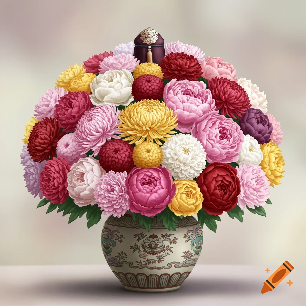 A vibrant, colorful floral centerpiece with pink, red, yellow, and white flowers in a decorated vase.