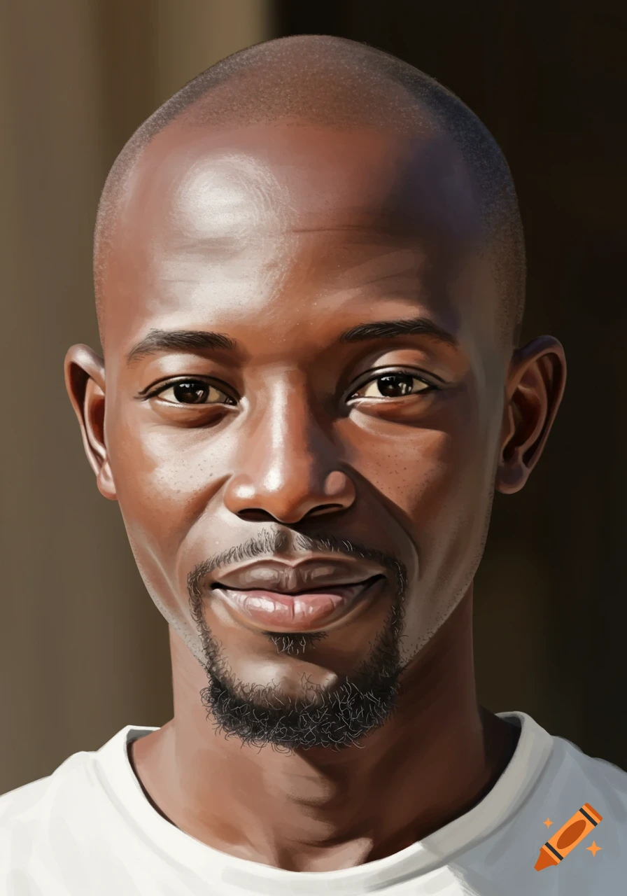 A realistic digital portrait of a bald man with a goatee, smiling subtly.