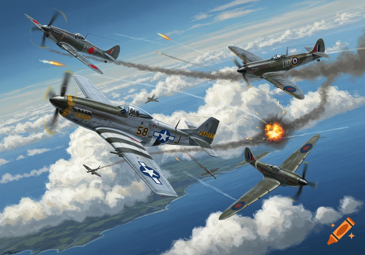 Illustration of WWII-era fighter planes, including a P-51 Mustang and Spitfire, in an aerial dogfight with explosions in the sky.