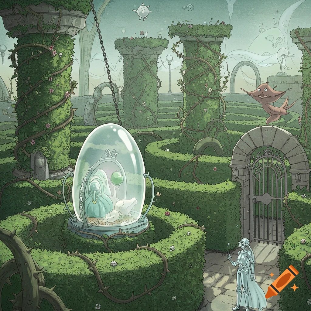 An illustrated fantasy scene of a figure in white armor in an overgrown hedgemaze with towering vine-covered pillars and a large transparent egg pod.