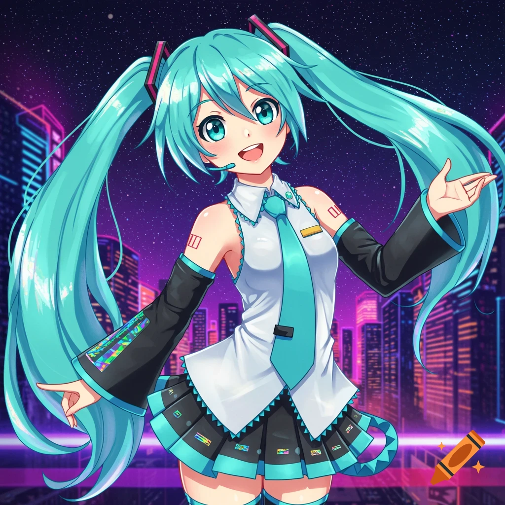 Hatsune Miku in a white shirt and black skirt with teal accents, smiling against a vibrant purple city skyline at night in an anime art style.