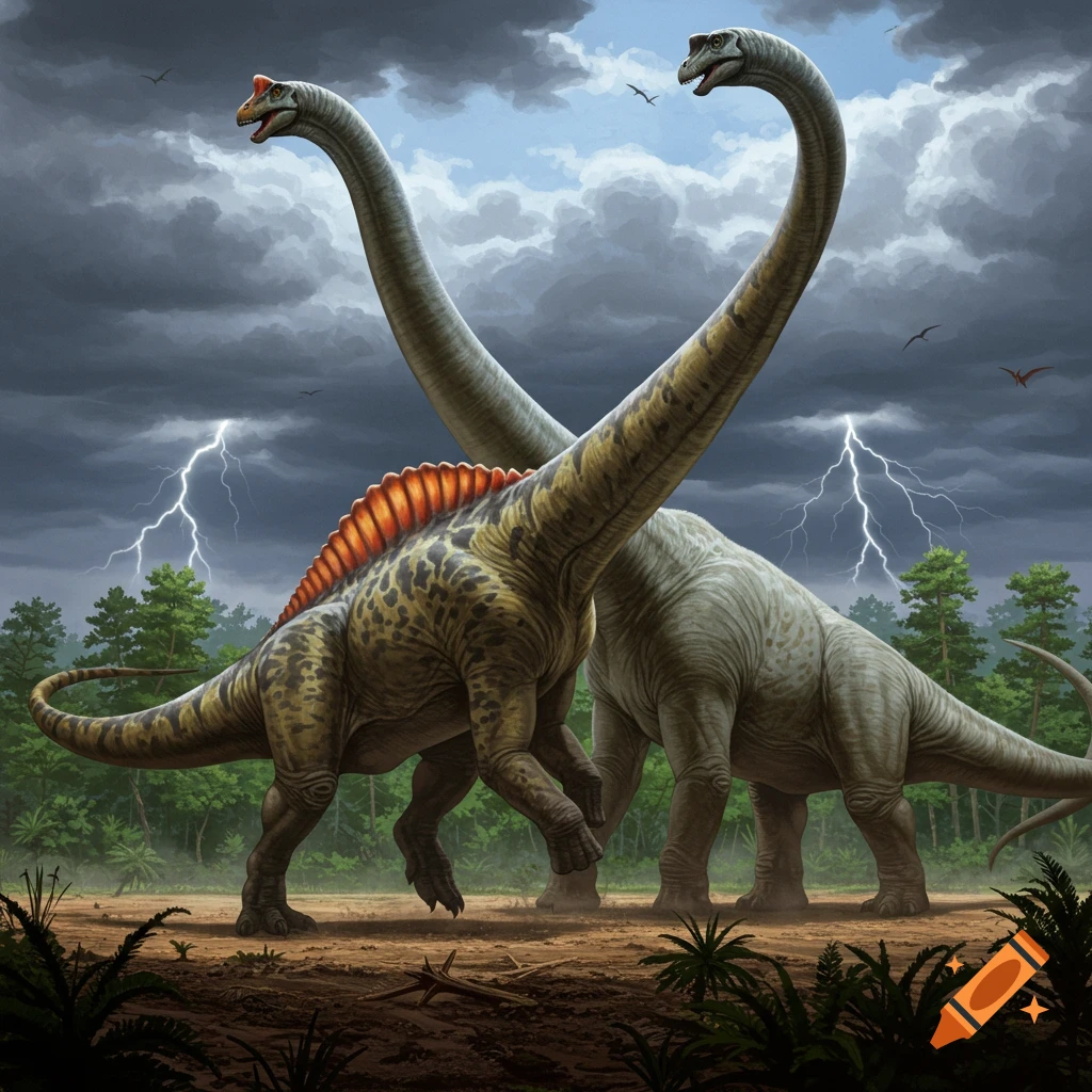 Two large dinosaurs, one with an orange sail, stand in a muddy, forested landscape under a stormy sky with lightning.