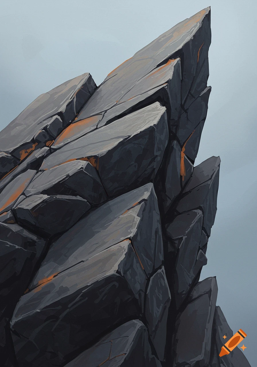 Stylized digital art of jagged dark grey rock formations with reddish-orange cracks against a light grey sky.