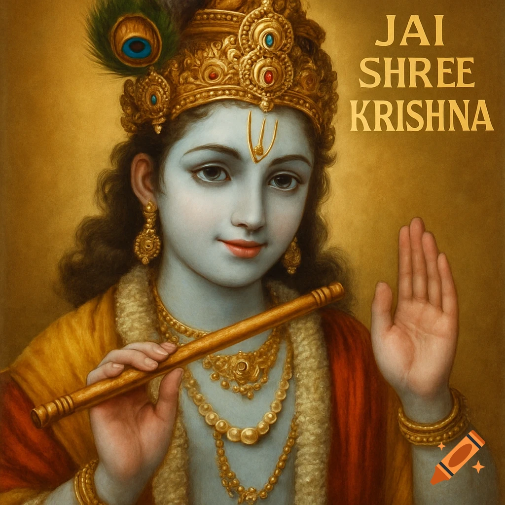 Blue-skinned Lord Krishna in golden crown and ornaments, holding a flute with one hand raised, against a gold background. Text reads 'JAI SHREE KRISHNA'.