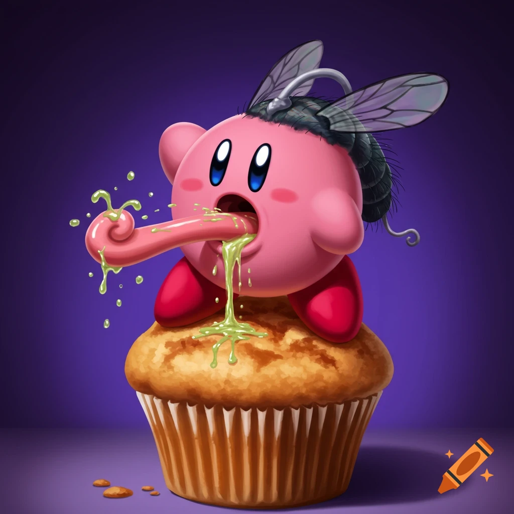 Cartoon character Kirby, transformed into a fly hybrid, vomits green liquid onto a muffin.