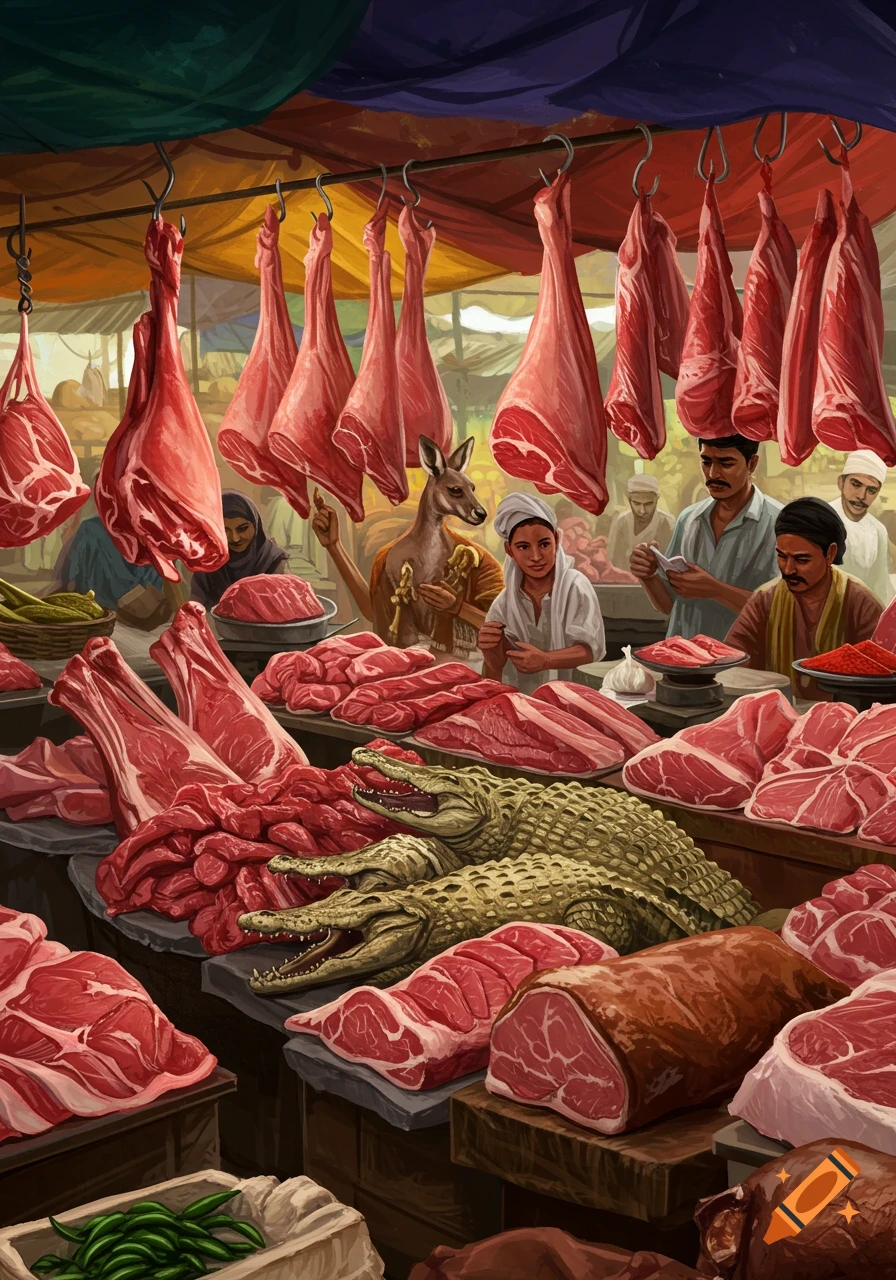 Illustrated exotic meat market with hanging cuts of raw meat, whole alligators, and a kangaroo among human vendors.