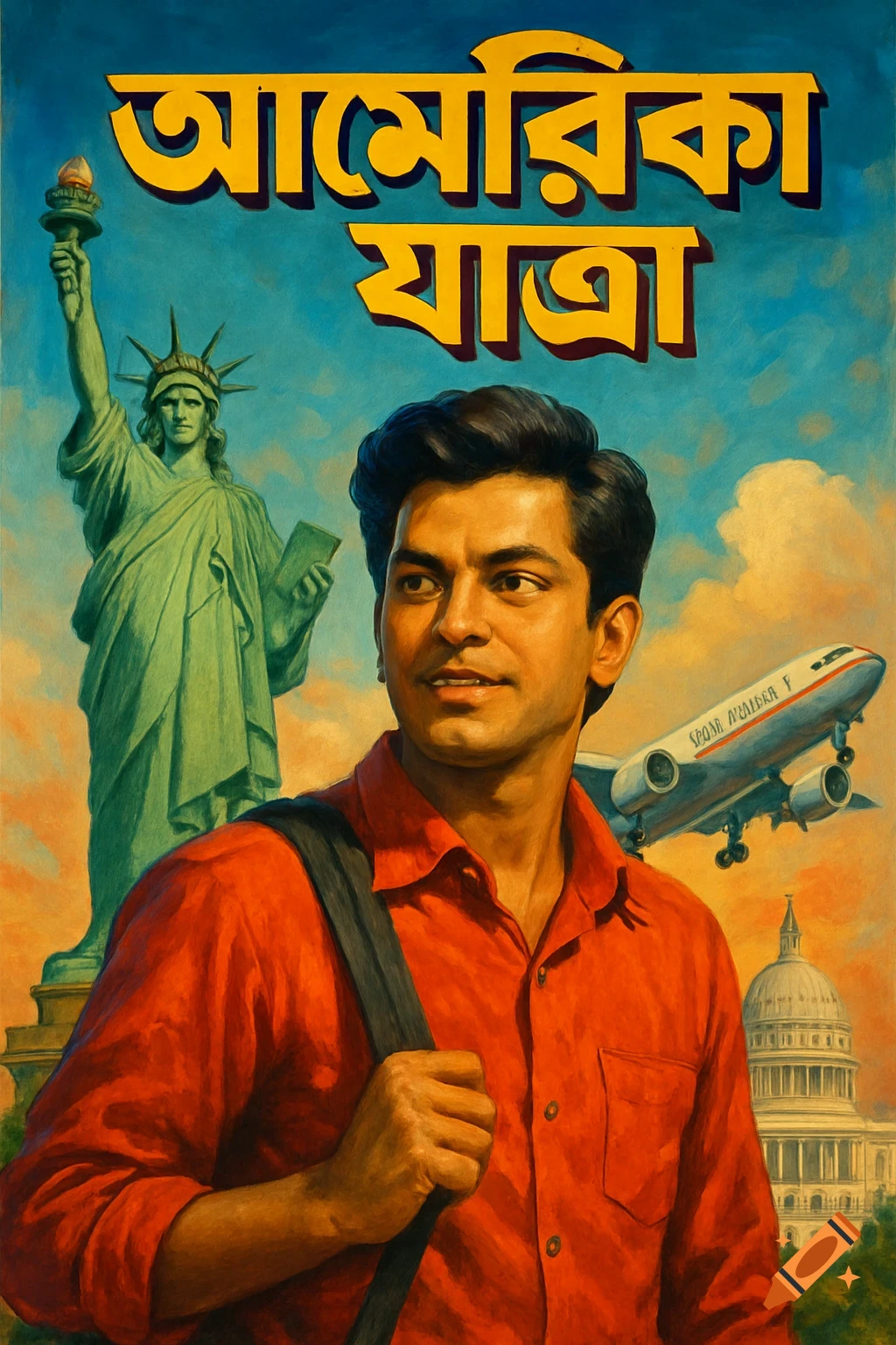 A vintage-style poster depicting a man with a backpack in the foreground, with the Statue of Liberty, US Capitol, and an airplane in the background, under Bengali text that reads "America Journey" or "Trip to America."