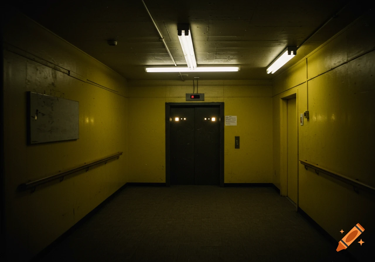 A dark, eerie hallway with yellow walls, a brown carpet, and an elevator in the center, rendered in a VHS tape overlay style.