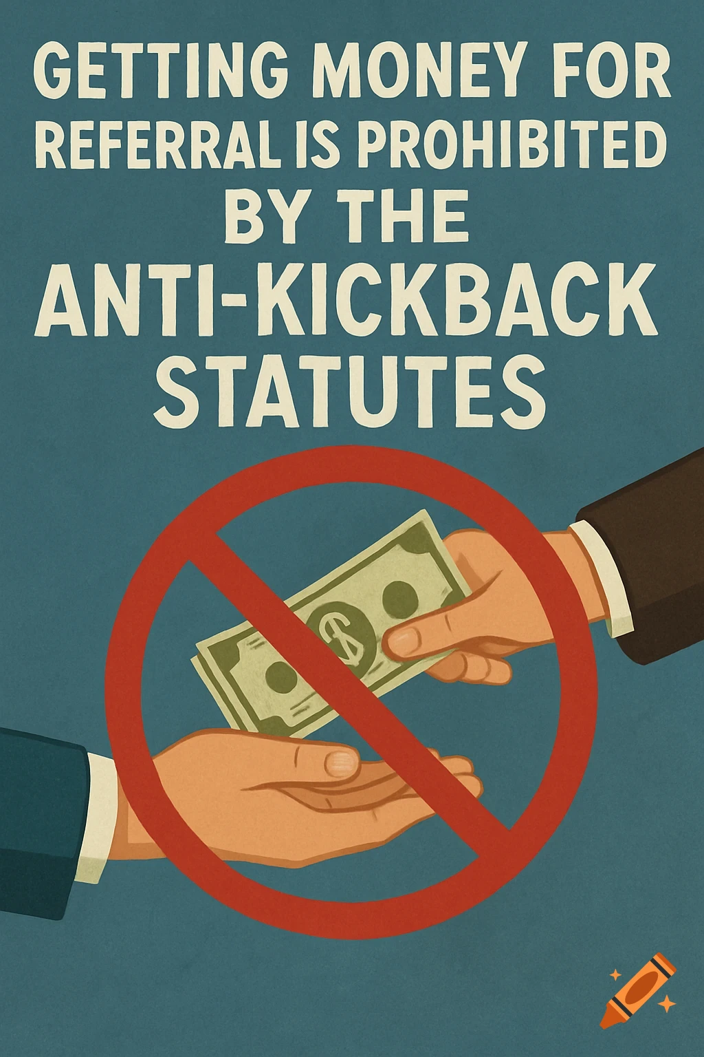 Illustration of a hand giving money to another, crossed out by a red no symbol, with text about anti-kickback statutes.