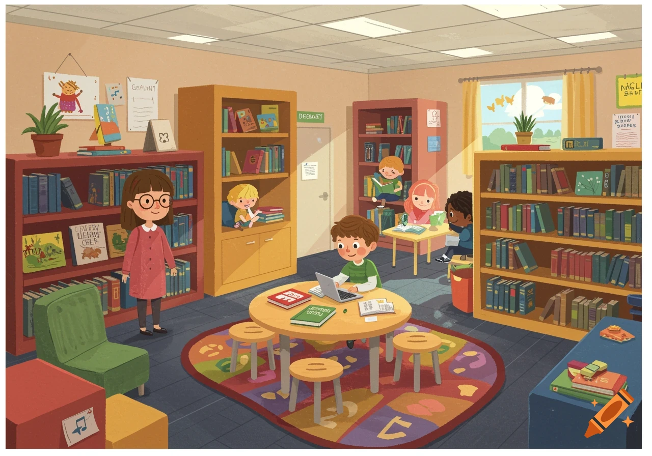 Children reading and studying in a colorful elementary school library, in a clipart illustration style.