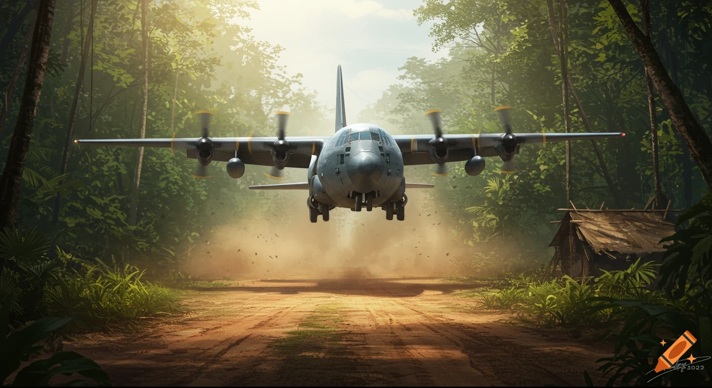 A C-130 Hercules military transport aircraft prepares to land on a dirt airstrip in a dense, sunlit jungle.