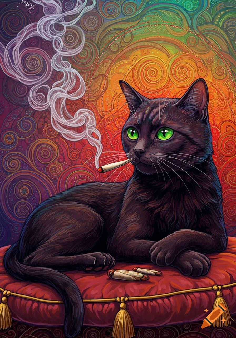 A black cat with vibrant green eyes smokes a joint, lounging on a red cushion against a colorful, psychedelic patterned background.