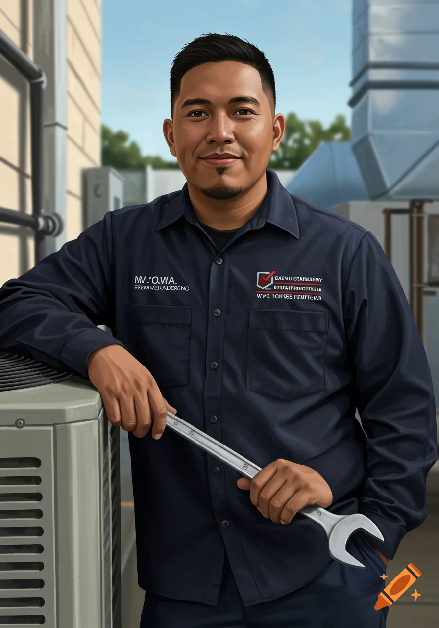 A smiling HVAC technician holding a wrench, leaning on an outdoor air conditioning unit.