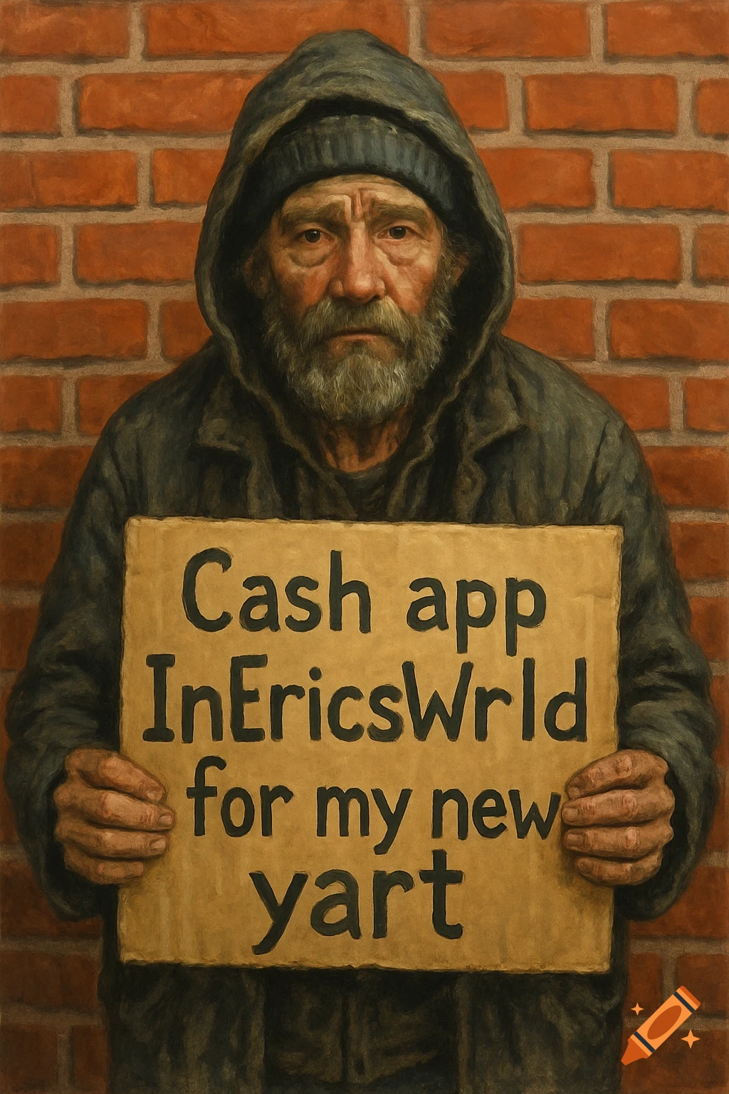 A solemn, bearded man in a hooded coat holds a cardboard sign that reads ".Cash app InEricsWrld for my new yart" against a brick wall.