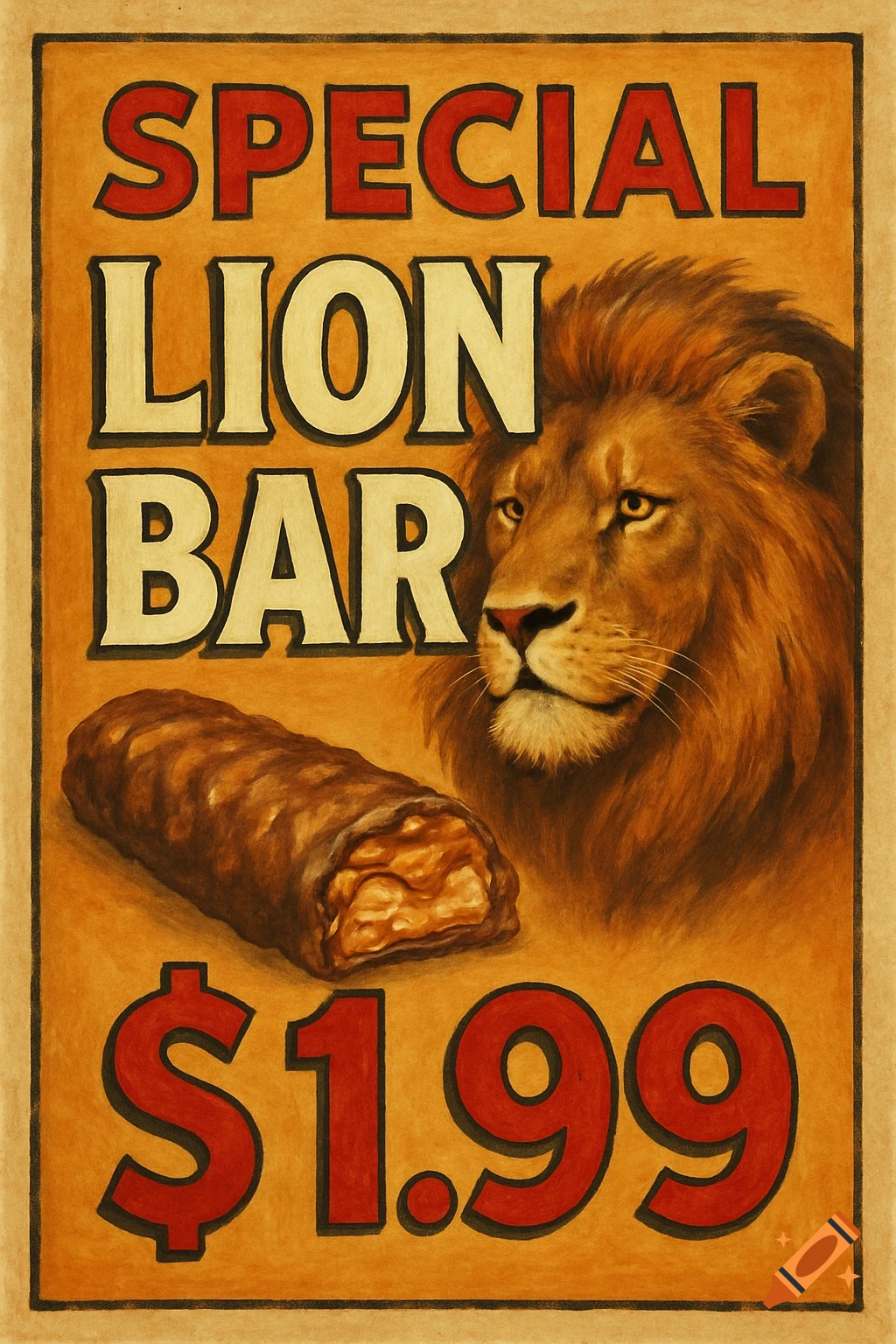 Vintage advertisement for a 'Special Lion Bar' featuring a lion's head and a chocolate bar, priced at $1.99.