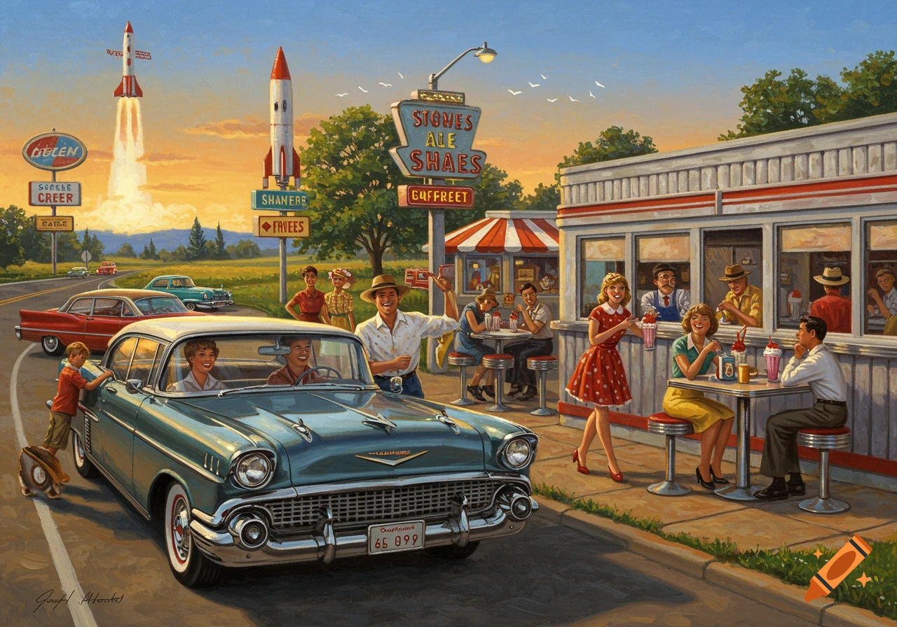 A nostalgic painting of a 1950s scene with vintage cars and people at a diner, with a rocket launching in the background at sunset.