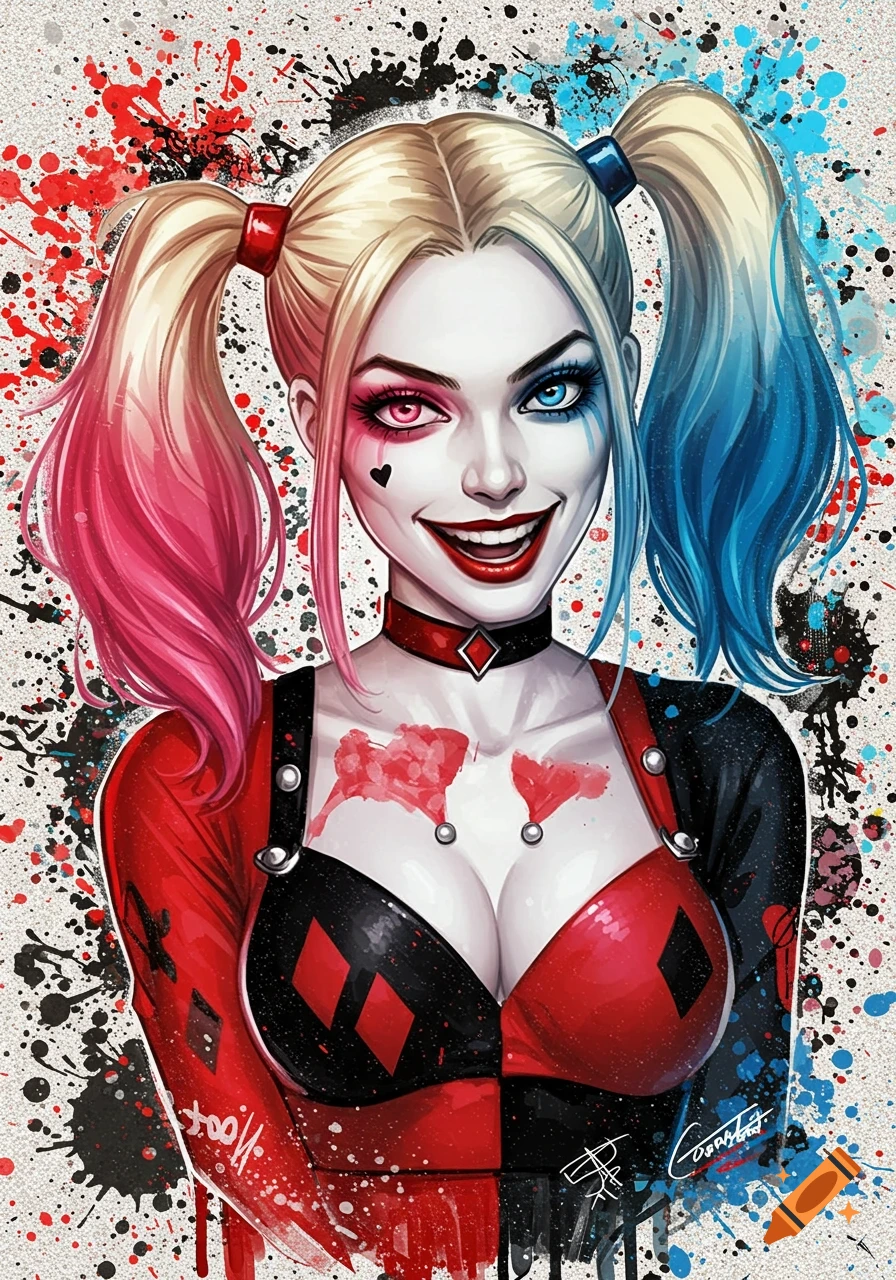 Vibrant pop art illustration of Harley Quinn with blonde and colorful pigtails, red and black jester outfit, against a paint splatter background.